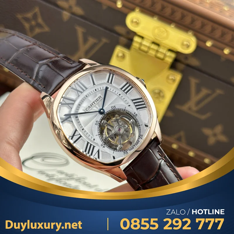 Đồng Hồ Cartier Drive Tourbillon Replica 11 Mặt Số Vân Guiloche Dây Da 41mm