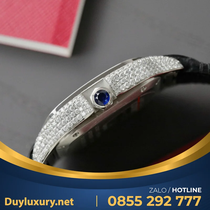 Đồng Hồ Cartier Santos Chế Tác Cọc Số + Vỏ Đính Kim Cương Moissanite 39.8mm