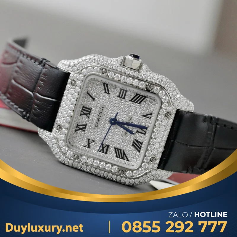 Đồng Hồ Cartier Santos Chế Tác Cọc Số + Vỏ Đính Kim Cương Moissanite 39.8mm