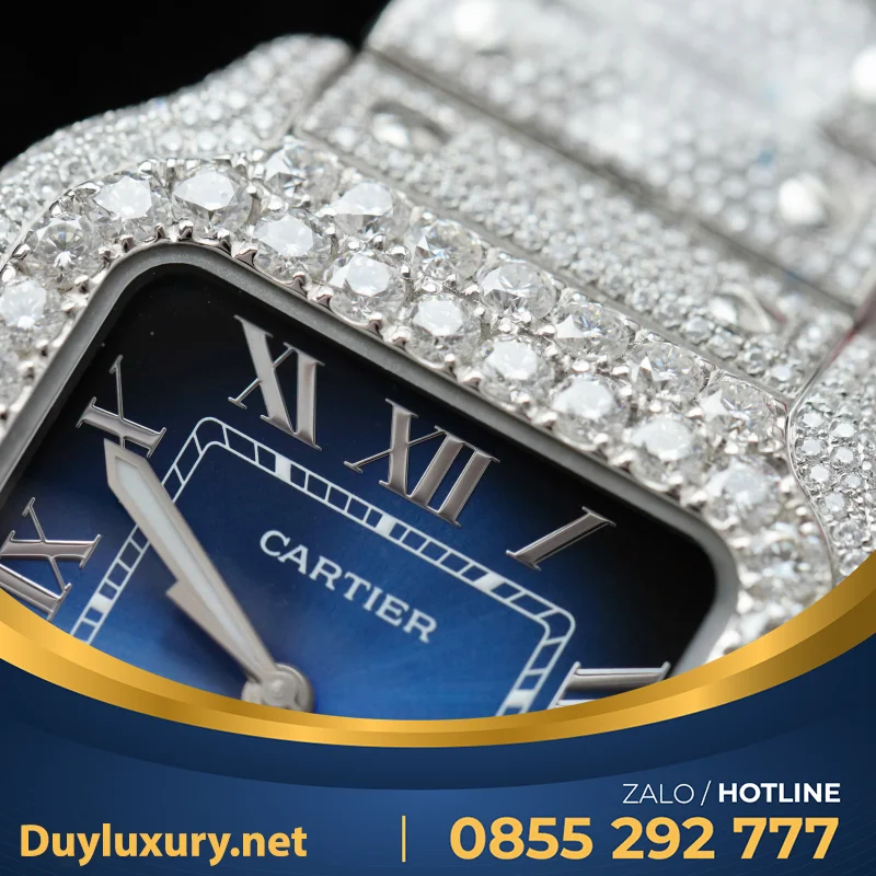 Đồng Hồ Cartier Santos Đính Full Kim Cương Moissanite Mặt Xanh 35.5mm