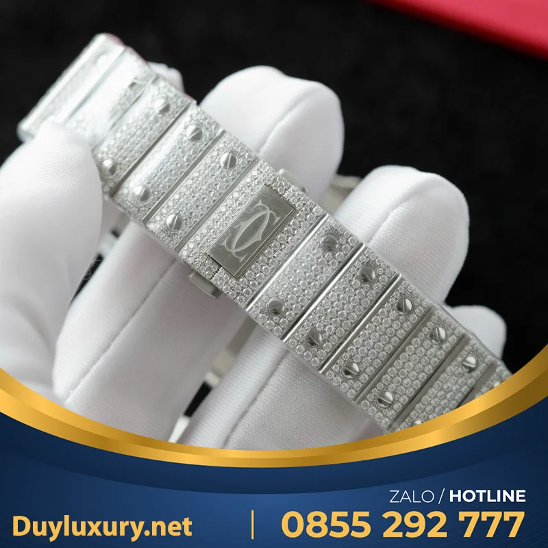 Đồng Hồ Chế Tác Cartier Santos Đính Full Kim Cương Moissanite Hong Kong 35.5 - 39.8mm