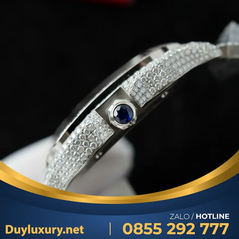 Đồng Hồ Chế Tác Cartier Santos Đính Full Kim Cương Moissanite Hong Kong 35.5 - 39.8mm