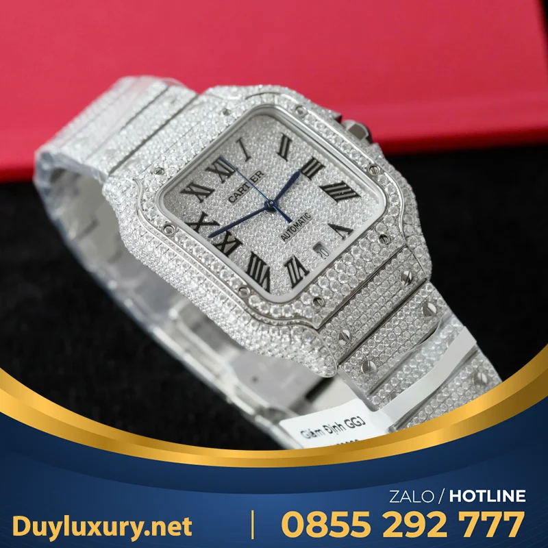 Đồng Hồ Chế Tác Cartier Santos Đính Full Kim Cương Moissanite Hong Kong 35.5 - 39.8mm