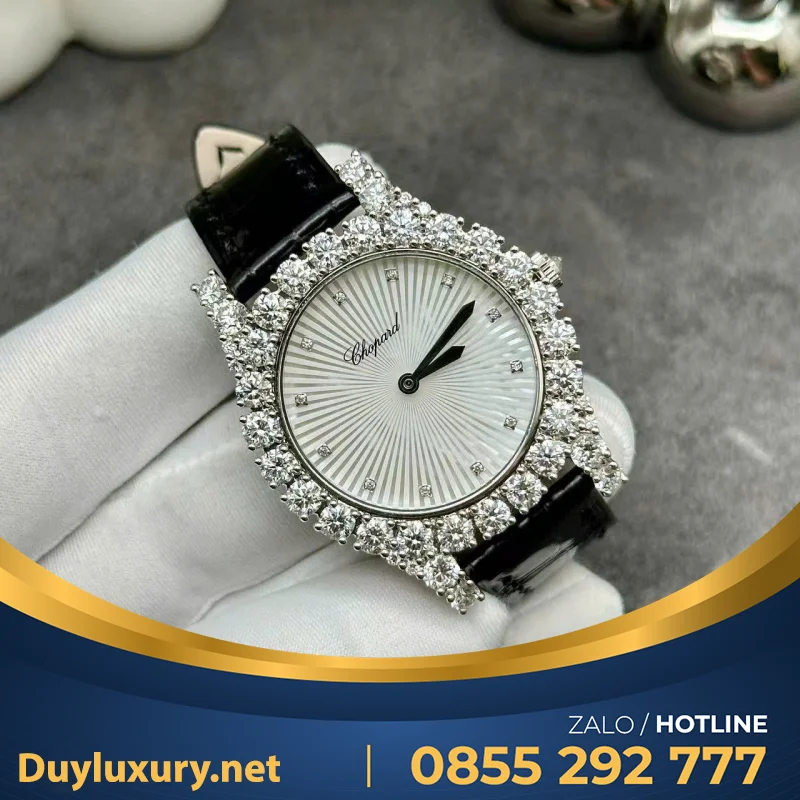 Đồng Hồ Nữ Chopard Chế Tác Vàng Trắng 18 Đính Kim Cương Thiên Nhiên 34mm