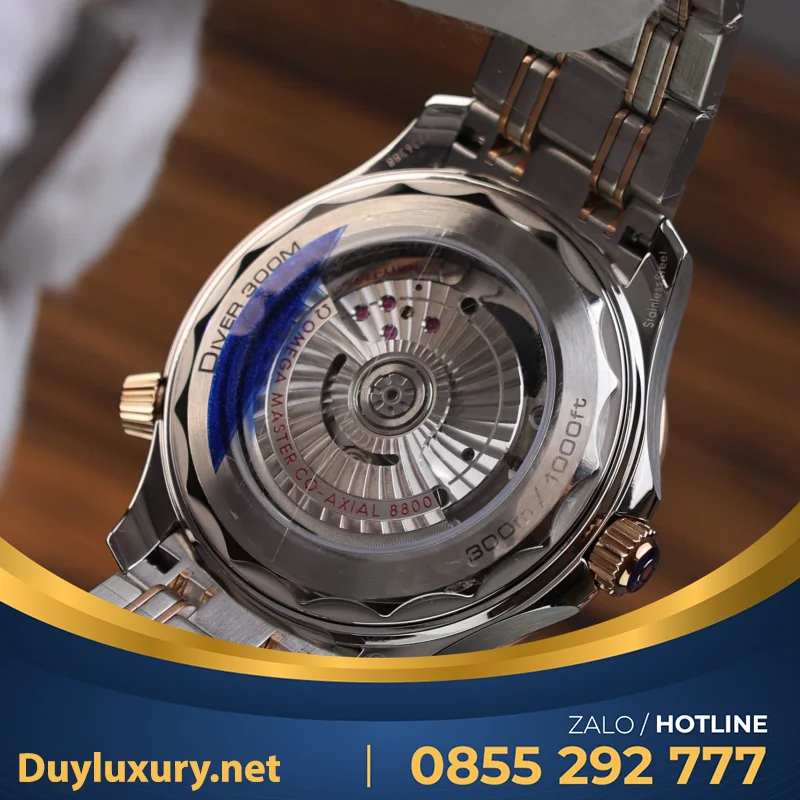Đồng Hồ Omega Rep 11 Seamaster Diver 300M Chronograph Demi Vàng Hồng Mặt Đen N1 44mm