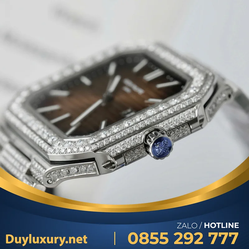 Đồng Hồ Patek Philippe Cubitus 5821 Mặt Nâu Đính Full Kim Cương Moissanite Hong Kong 45mm