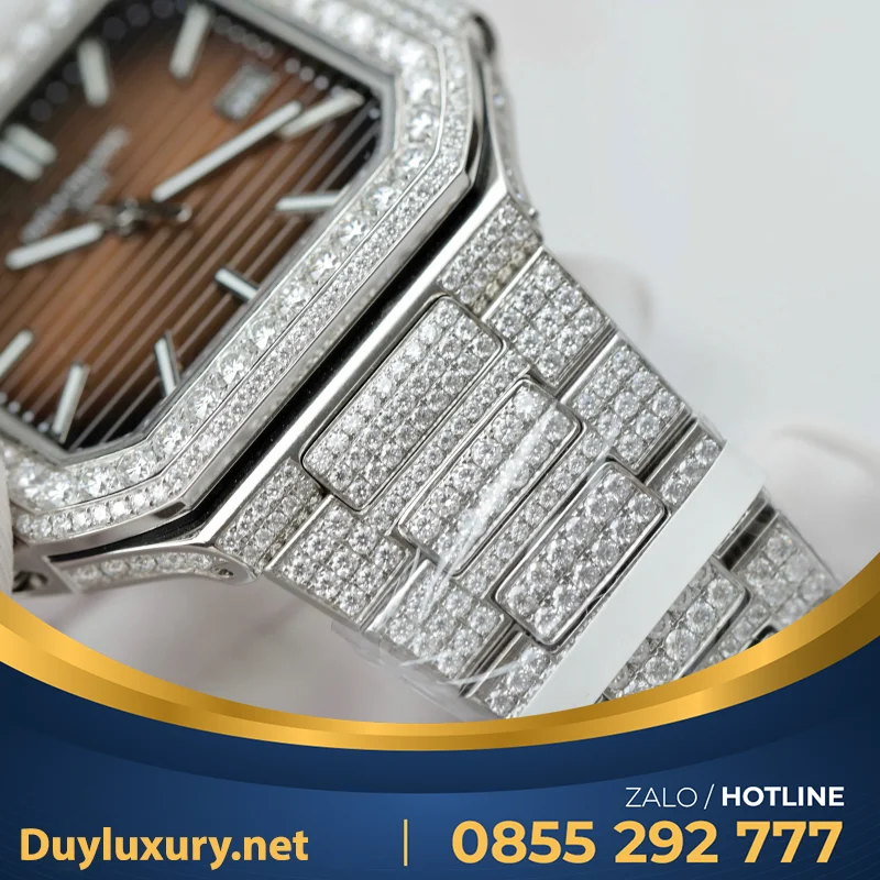Đồng Hồ Patek Philippe Cubitus 5821 Mặt Nâu Đính Full Kim Cương Moissanite Hong Kong 45mm