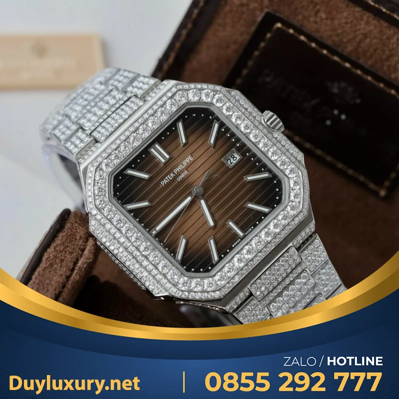 Đồng Hồ Patek Philippe Cubitus 5821 Mặt Nâu Đính Full Kim Cương Moissanite Hong Kong 45mm