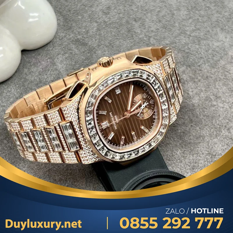 Đồng Hồ Patek Philippe Nautilus 5980r Chế Tác Vàng Hồng 18k Kim Cương Thiên Nhiên 40mm