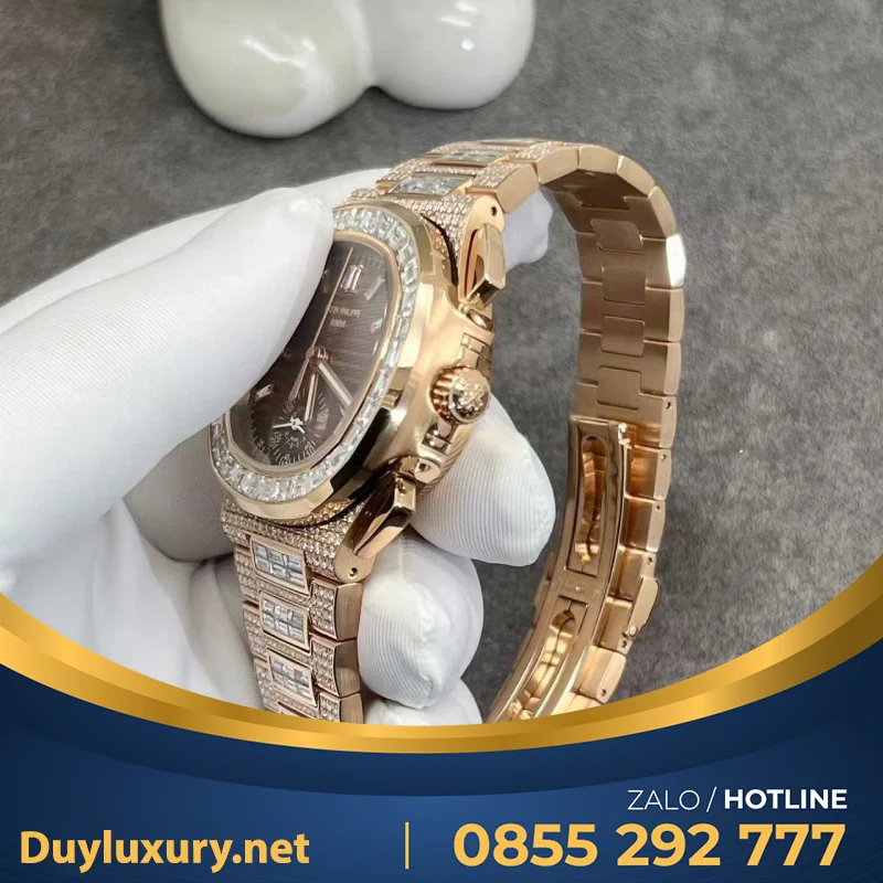 Đồng Hồ Patek Philippe Nautilus 5980r Chế Tác Vàng Hồng 18k Kim Cương Thiên Nhiên 40mm