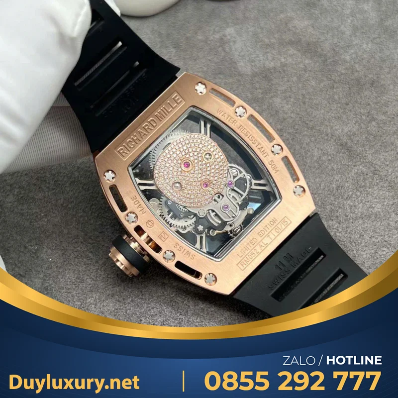 Đồng Hồ Richard Mille RM052 Tourbillon Skull Chế Tác Vàng Hồng 18k Kim Cương Thiên Nhiên 43mm