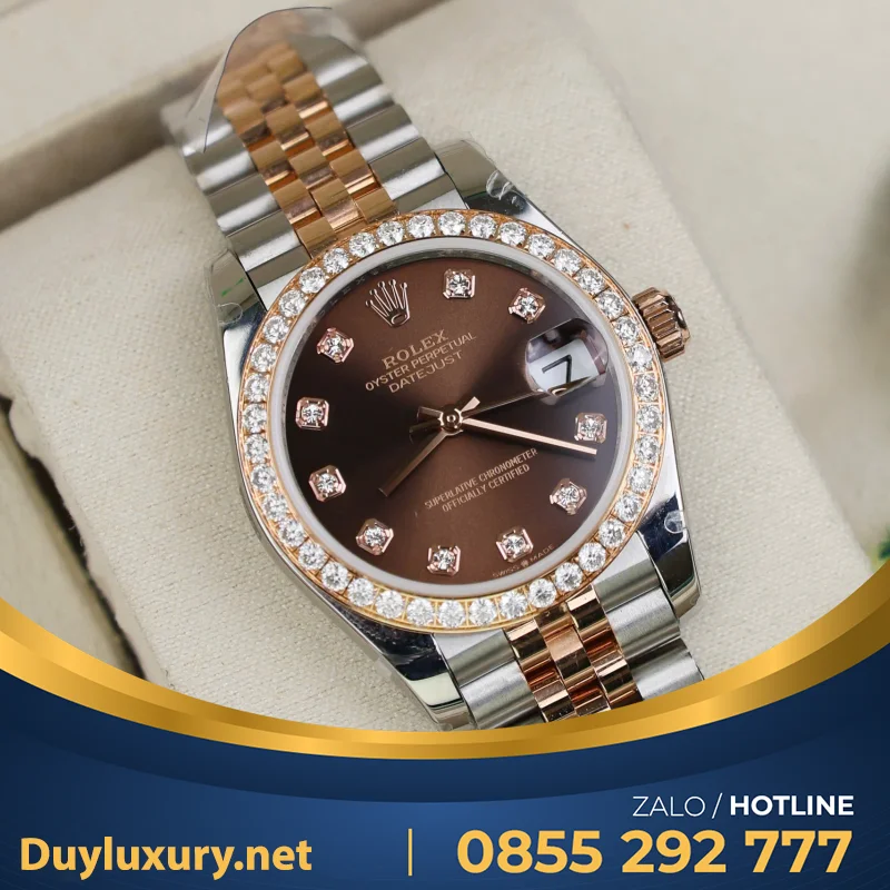 Đồng Hồ Rolex Datejust Nữ Mặt Khảm Xà Cừ Chế Tác Bọc Vàng Đính Moissanite 31Mm