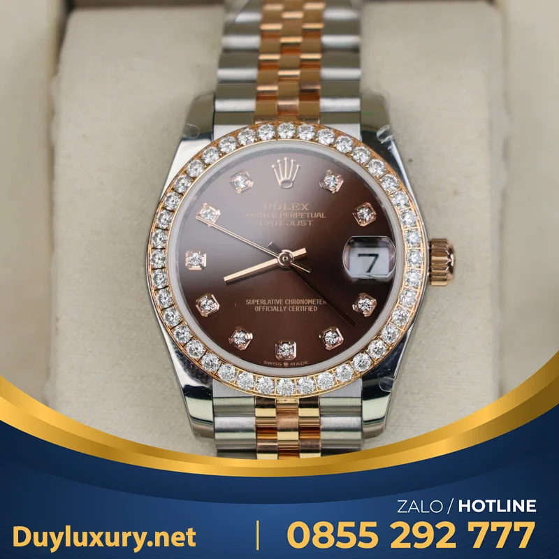 Đồng Hồ Rolex Datejust Nữ Mặt Khảm Xà Cừ Chế Tác Bọc Vàng Đính Moissanite 31Mm