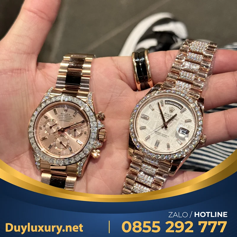 Đồng Hồ Rolex Day-Date Chế Tác Bọc Vàng Đính Kim Cương Moissanite Hong Kong 36m