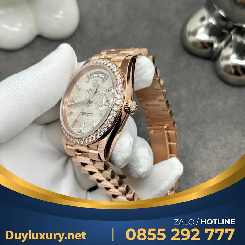 Đồng Hồ Rolex Day-Date Chế Tác Bọc Vàng Hồng 18K + Kim Cương Thiên Nhiên 40mm
