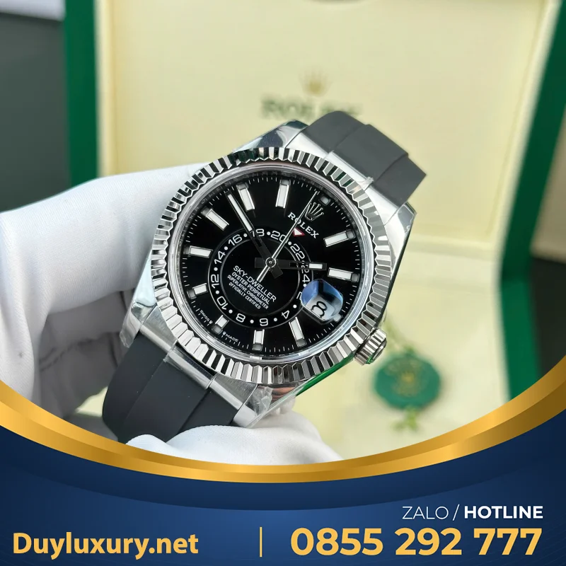 Đồng hồ Rolex sky dweller 336238 rep 11 mặt đen dây cao su cao cấp 42mm