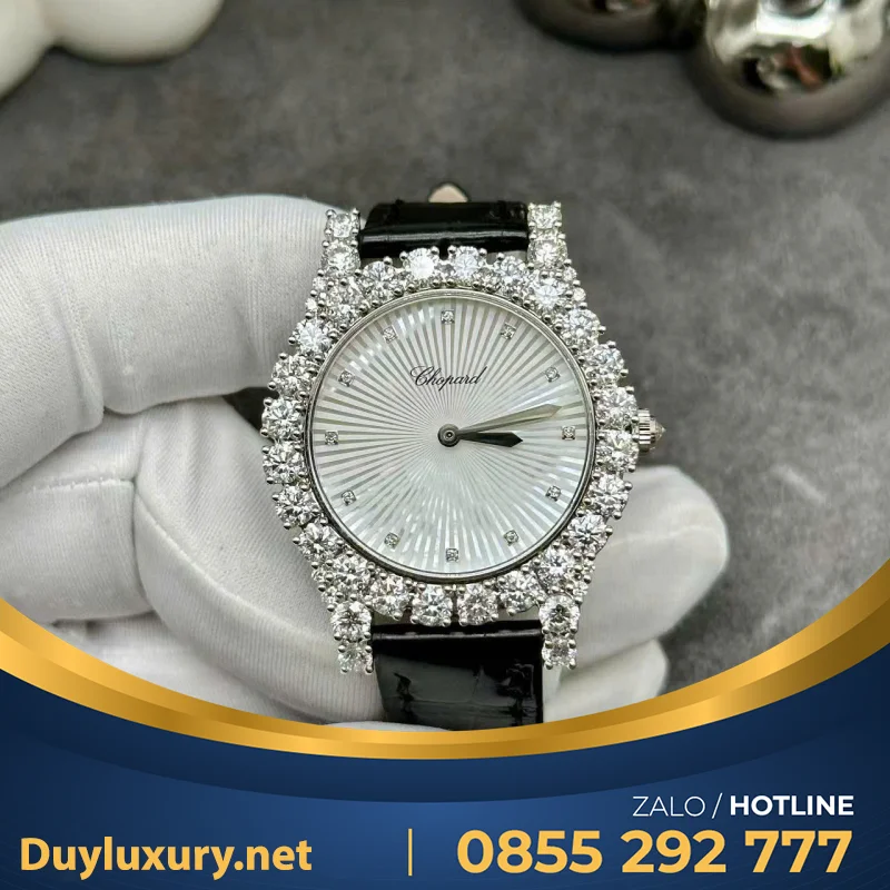 Đồng Hồ Nữ Chopard Chế Tác Vàng Trắng 18 Đính Kim Cương Thiên Nhiên 34mm