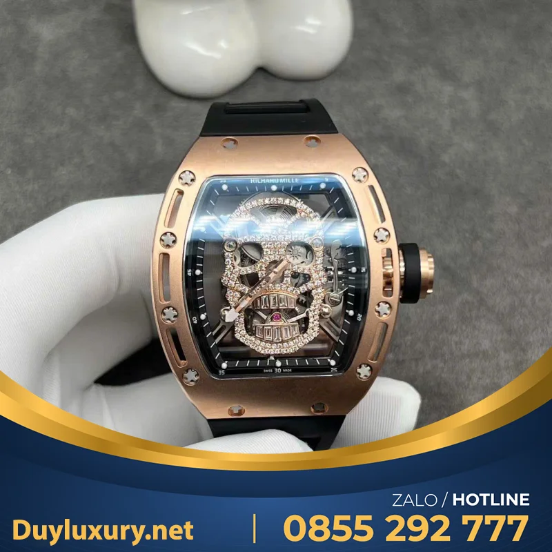 Đồng Hồ Richard Mille RM052 Tourbillon Skull Chế Tác Vàng Hồng 18k Kim Cương Thiên Nhiên 43mm