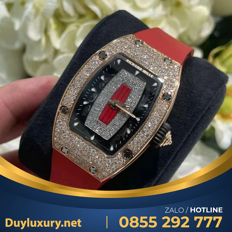 Đồng Hồ Richard Mille RM07-01 Nữ Chế Tác Vàng Khối Kim Cương Thiên Nhiên Cao Su Màu Đỏ Nhà Máy ZF 36mm