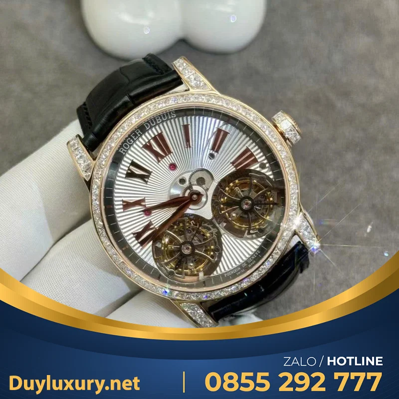 Đồng Hồ Roger Dubuis Double Tourbillon Chế Tác Vàng Hồng 18k Kim Cương Thiên Nhiên