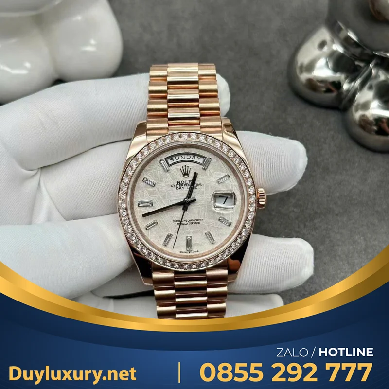 Đồng Hồ Rolex Day-Date Chế Tác Bọc Vàng Hồng 18K + Kim Cương Thiên Nhiên 40mm