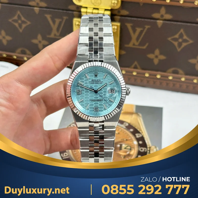 Đồng Hồ Rolex Land-Dweller 127236 Replica 11 Mặt Xanh Băng Họa Tiết Tổ Ong 36Mm